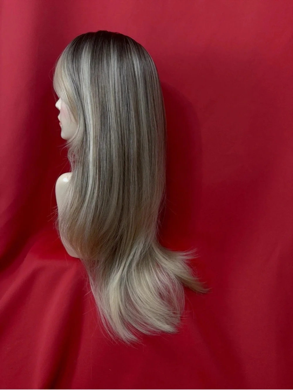 24” Human Hair Blend Blonde Balayage Darker Roots Women Wig Bangs Heat Resistant